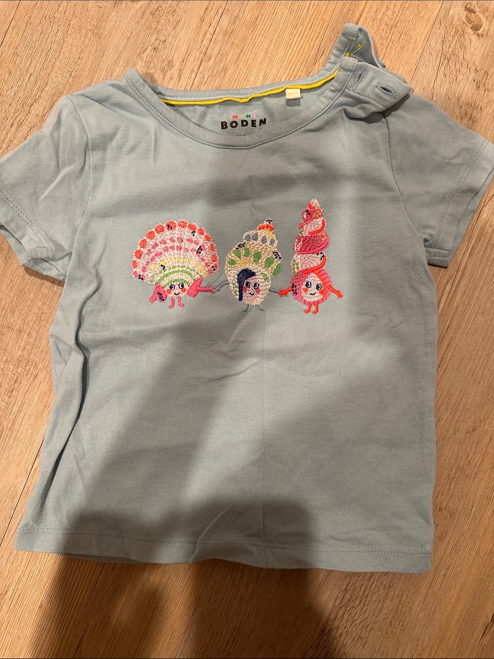 Boden Light Blue Girls' Short-Sleeve Tee with Embroidered Shell Characters